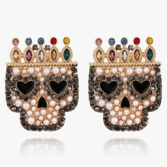 Crown King Skull Rhinestone & Pearl Earrings Multicolor Gold Crystal Statement - Picture 5 of 5